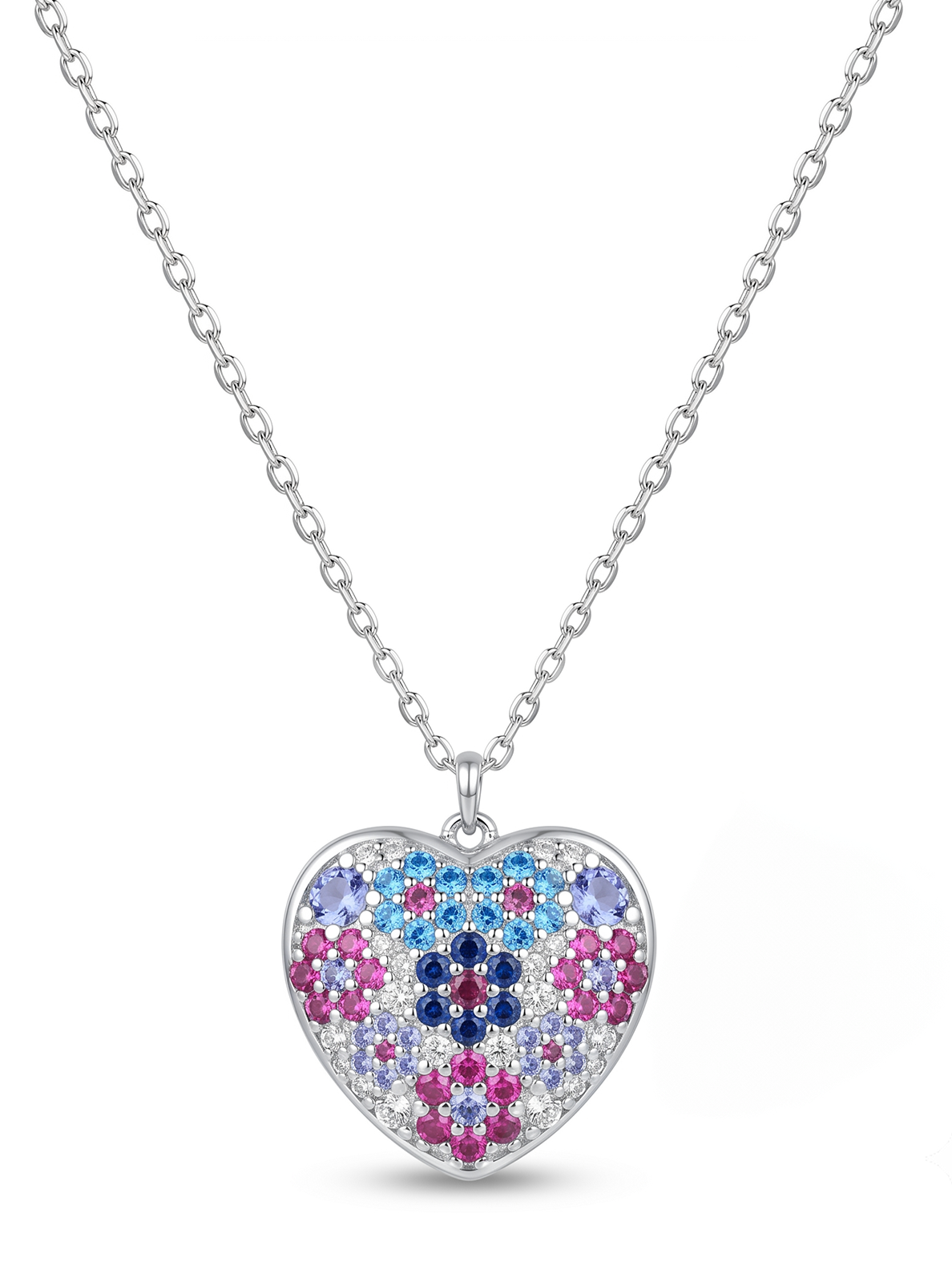 Blue & Pink Mosaic Floral Heart Pendant Necklace