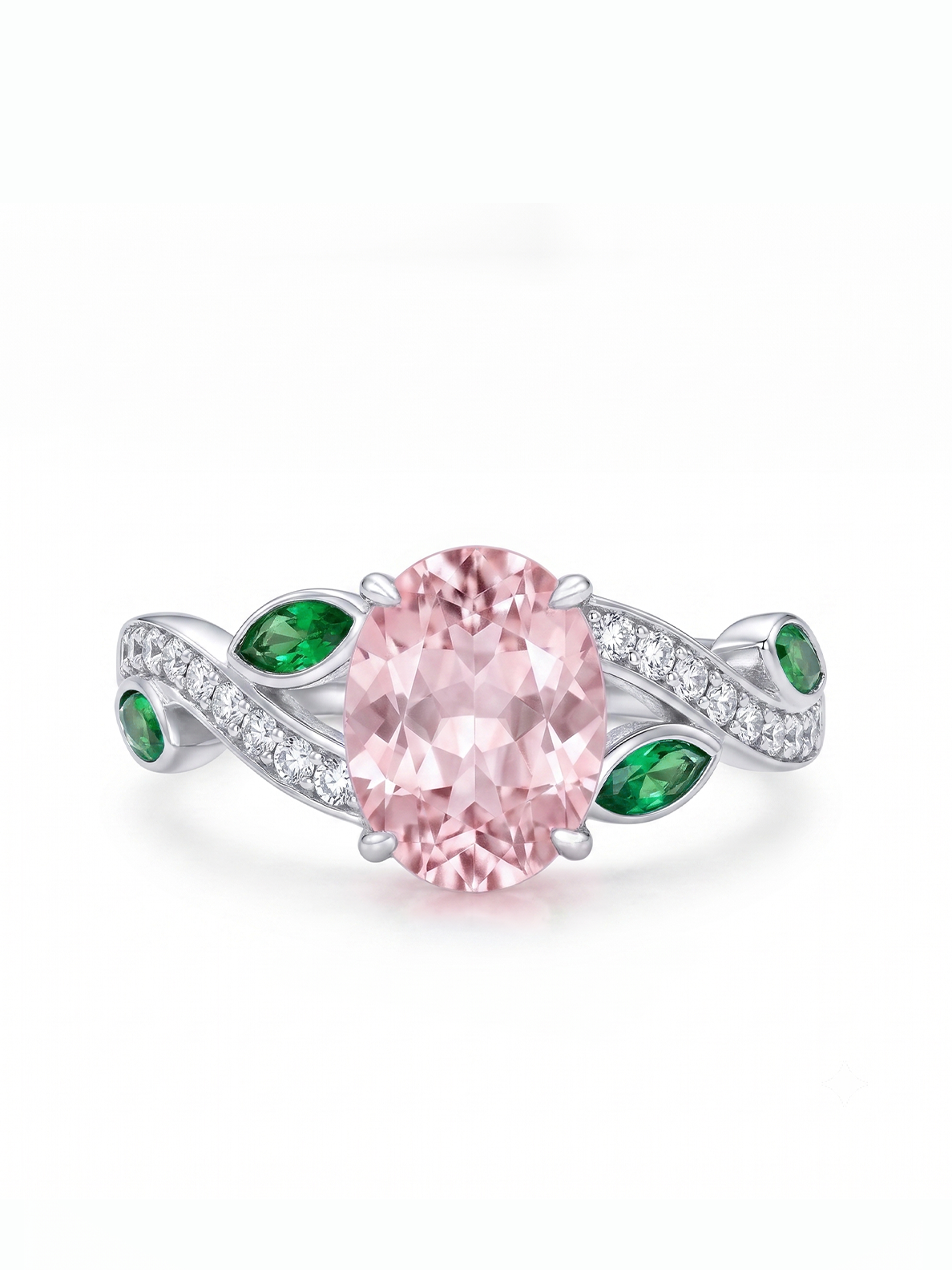 Oval Gemstone Emerald Leaf Ring - Pink Morganite
