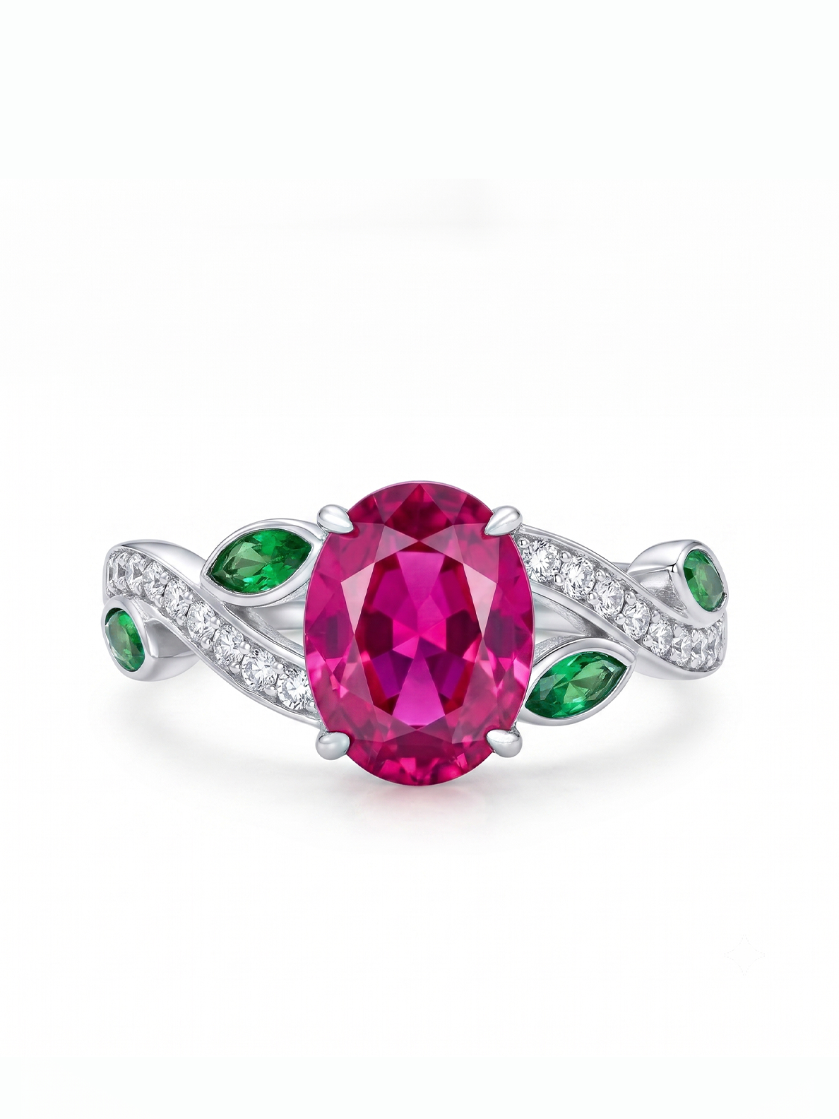 Oval Gemstone Emerald Leaf Ring - Pink Topaz