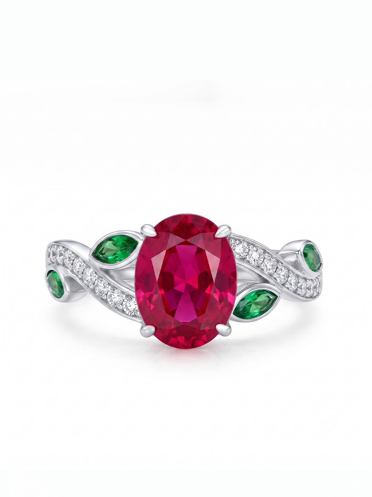 Oval Gemstone Emerald Leaf Ring - Red Ruby