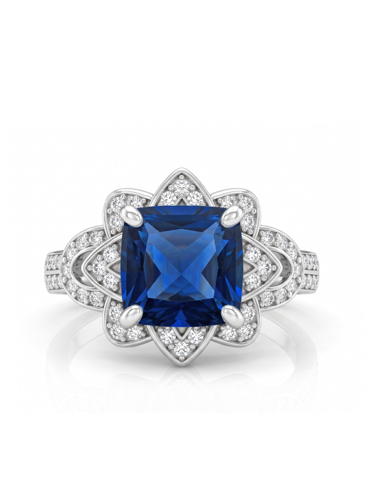 Princess Cut Floral Halo Ring - Blue Sapphire
