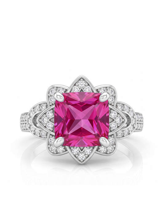 Princess Cut Floral Halo Ring - Pink Topaz