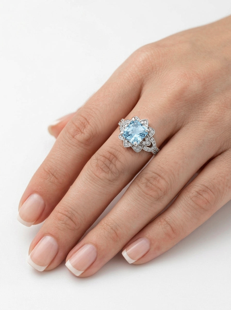 Princess Cut Floral Halo Ring - Aquamarine Blue
