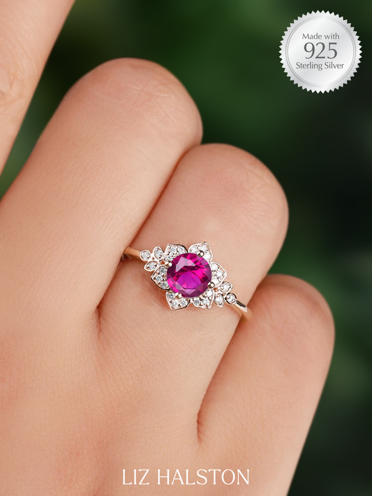 Vintage Style Floral Ring -  Flamingo Pink Ruby