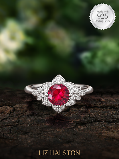 Vintage Style Floral Ring - Red Ruby