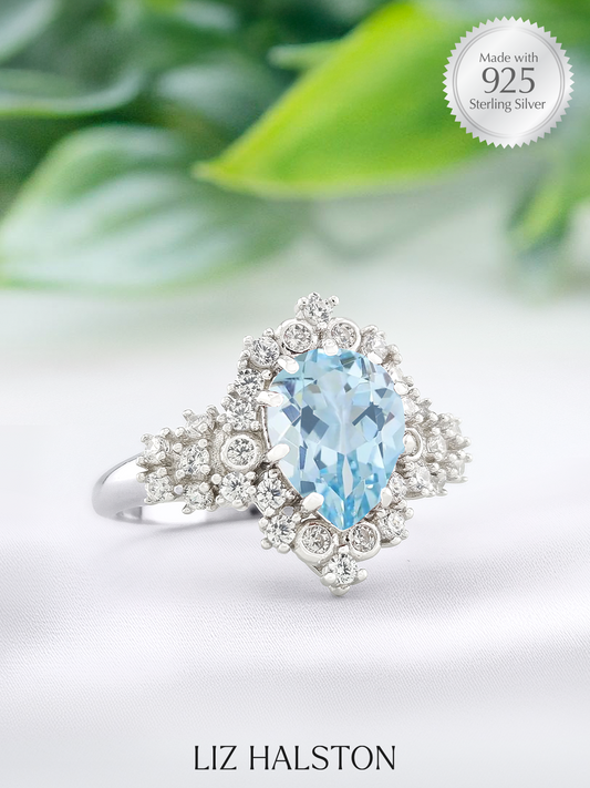 Halo Pear Ring - Aquamarine Blue