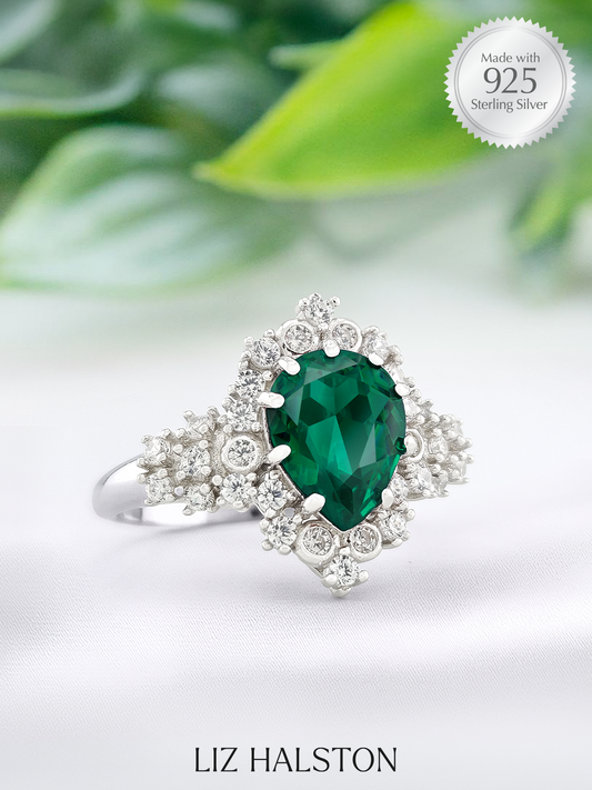 Halo Pear Ring - Emerald Green