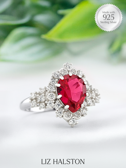 Halo Pear Ring - Red Ruby