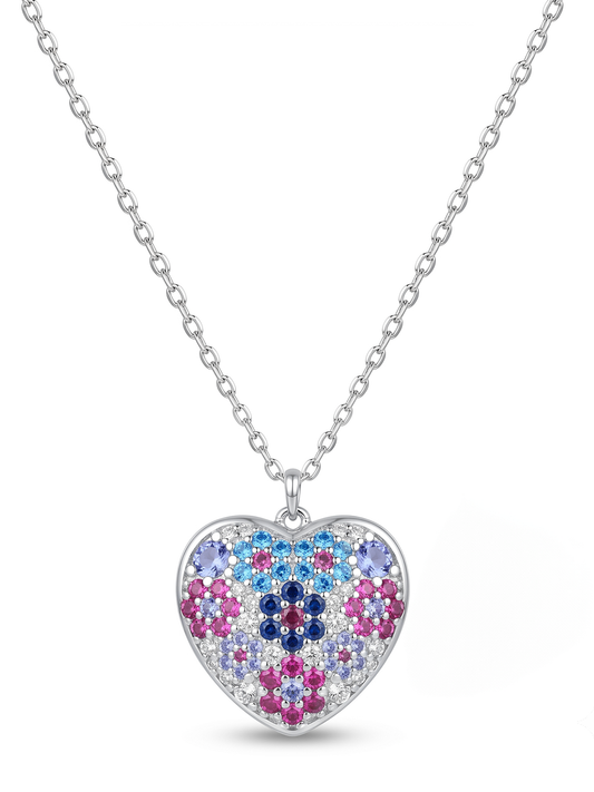 Blue & Pink Mosaic Floral Heart Pendant Necklace