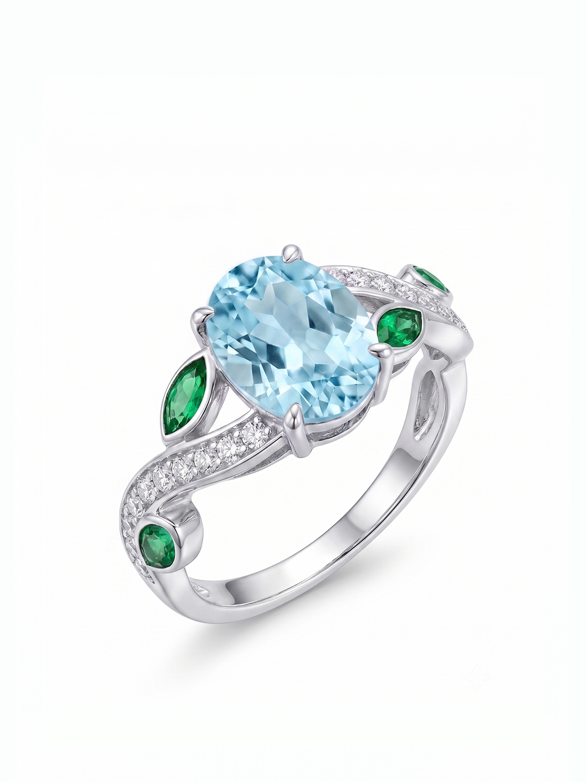 Oval Gemstone Emerald Leaf Ring - Aquamarine Blue