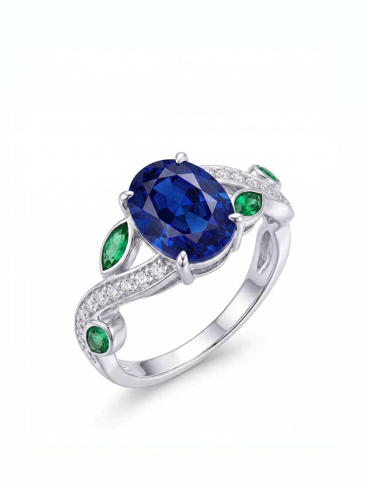 Oval Gemstone Emerald Leaf Ring - Blue Sapphire