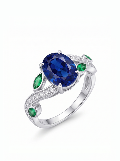 Oval Gemstone Emerald Leaf Ring - Blue Sapphire