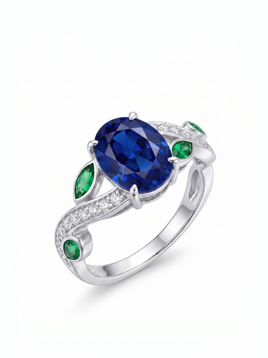 Oval Gemstone Emerald Leaf Ring - Blue Sapphire