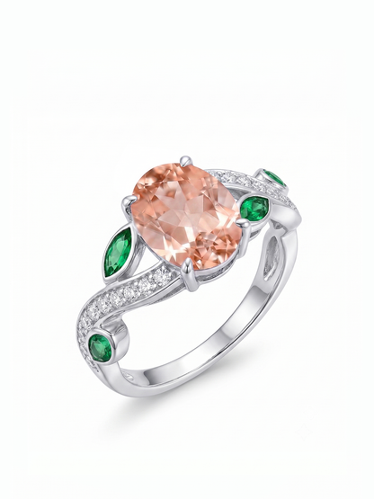 Oval Gemstone Emerald Leaf Ring - Champagne Morganite