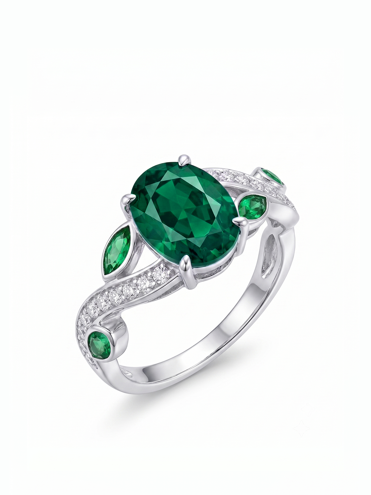 Oval Gemstone Emerald Leaf Ring - Emerald Green