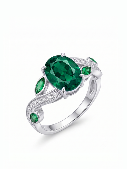 Oval Gemstone Emerald Leaf Ring - Emerald Green