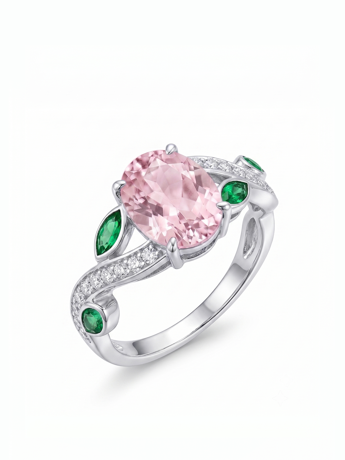 Oval Gemstone Emerald Leaf Ring - Pink Morganite
