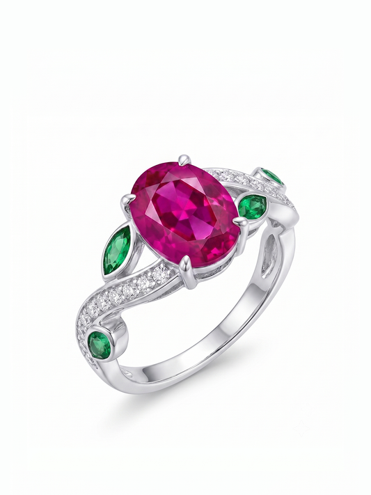 Oval Gemstone Emerald Leaf Ring - Pink Topaz
