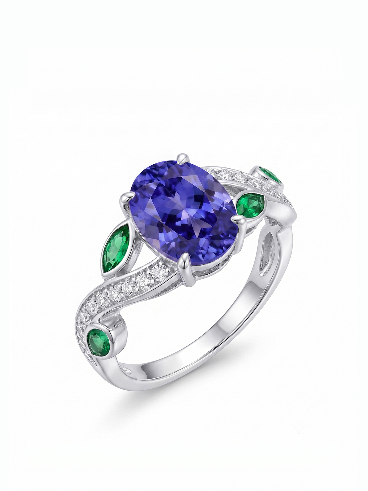 Oval Gemstone Emerald Leaf Ring - Purple Tanzanite