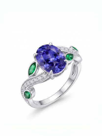 Oval Gemstone Emerald Leaf Ring - Purple Tanzanite