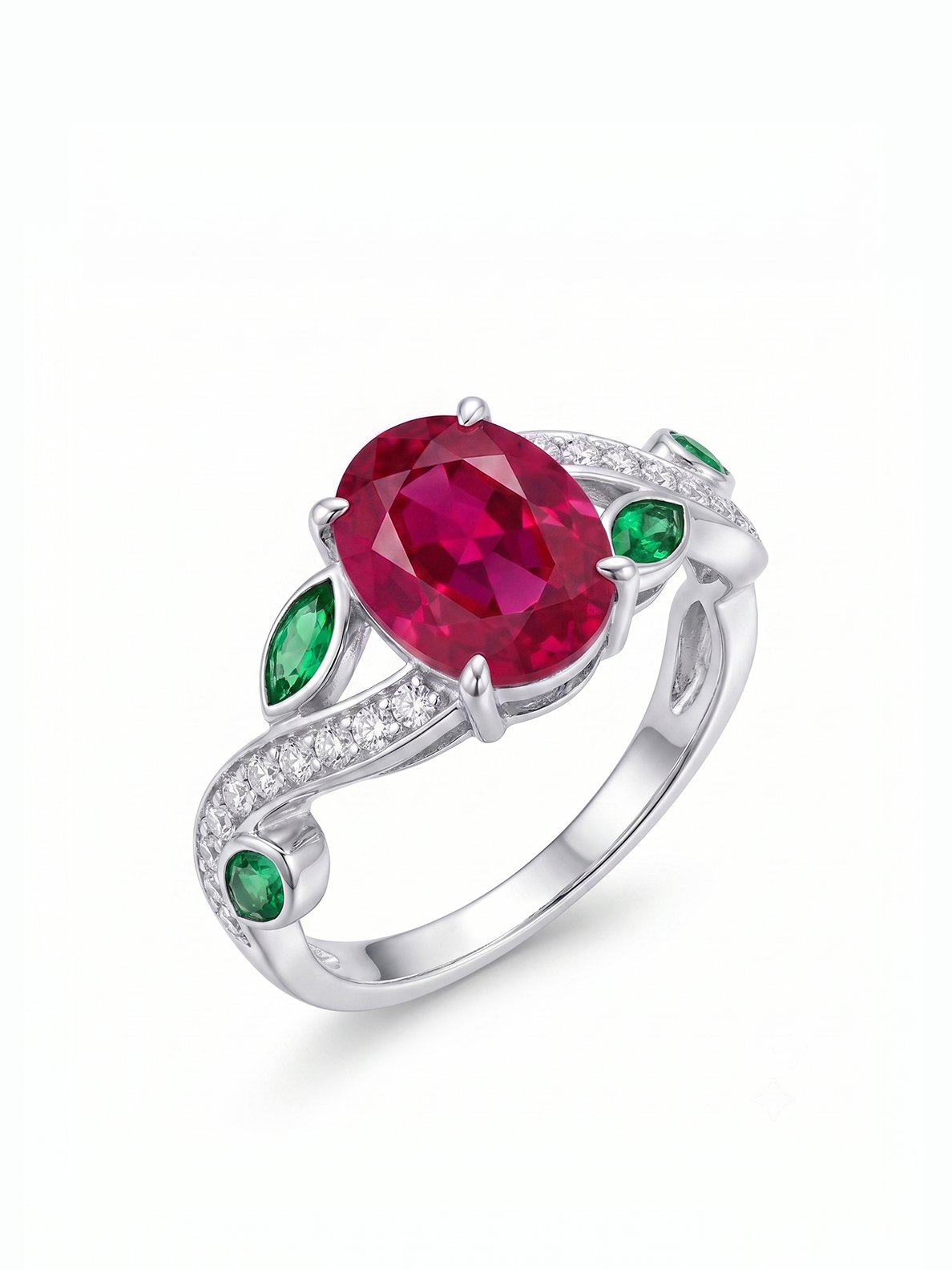 Oval Gemstone Emerald Leaf Ring - Red Ruby