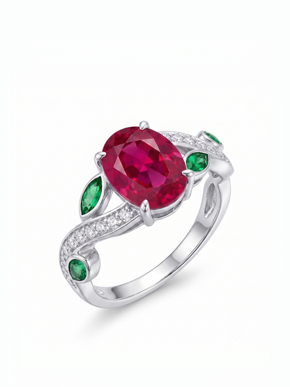 Oval Gemstone Emerald Leaf Ring - Red Ruby