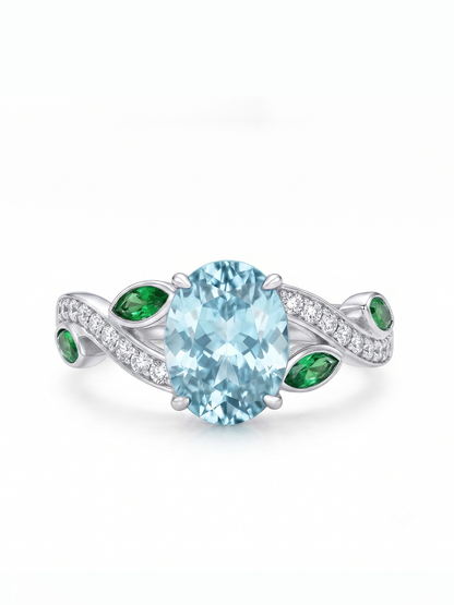 Oval Gemstone Emerald Leaf Ring - Aquamarine Blue