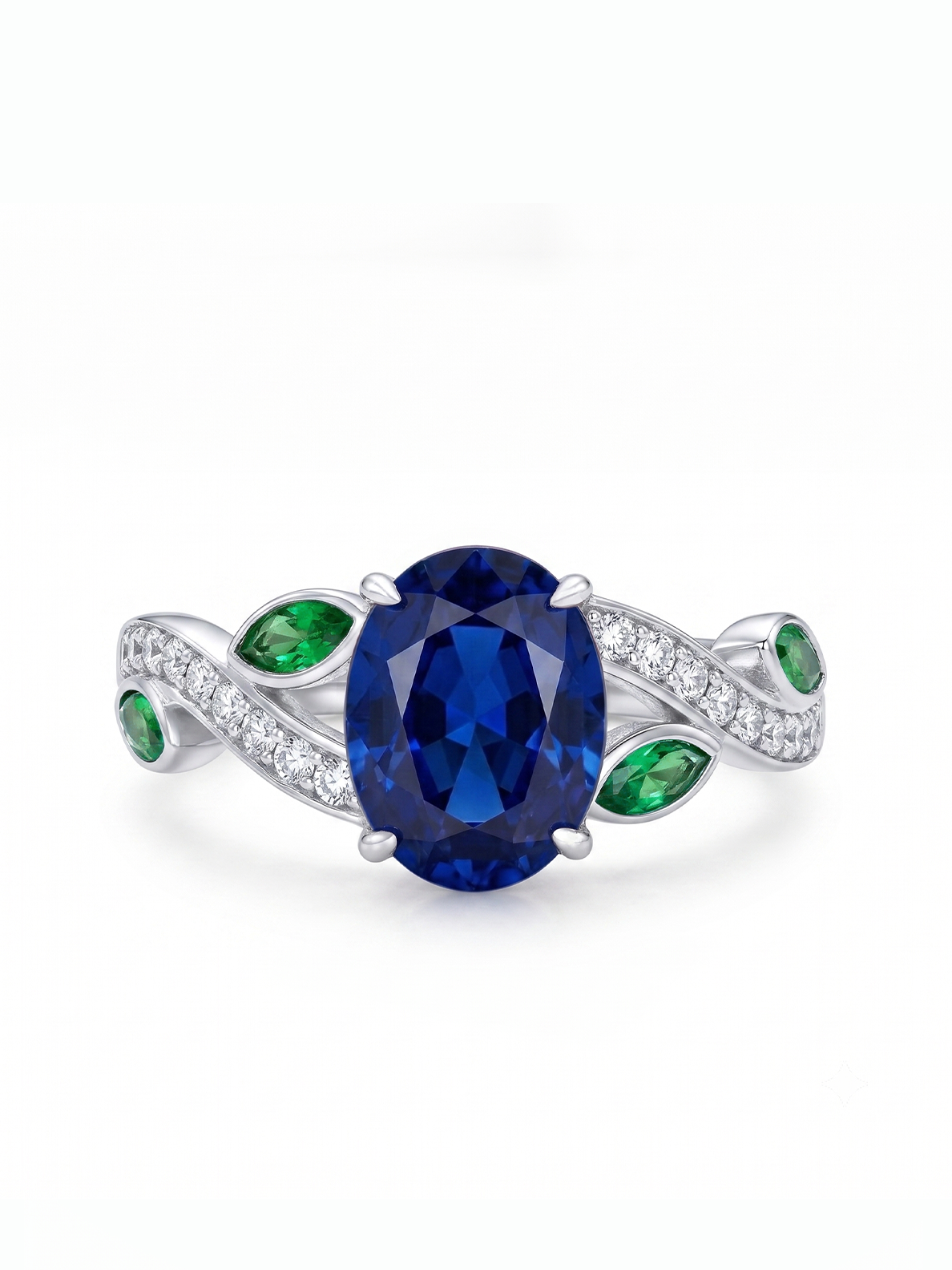 Oval Gemstone Emerald Leaf Ring - Blue Sapphire