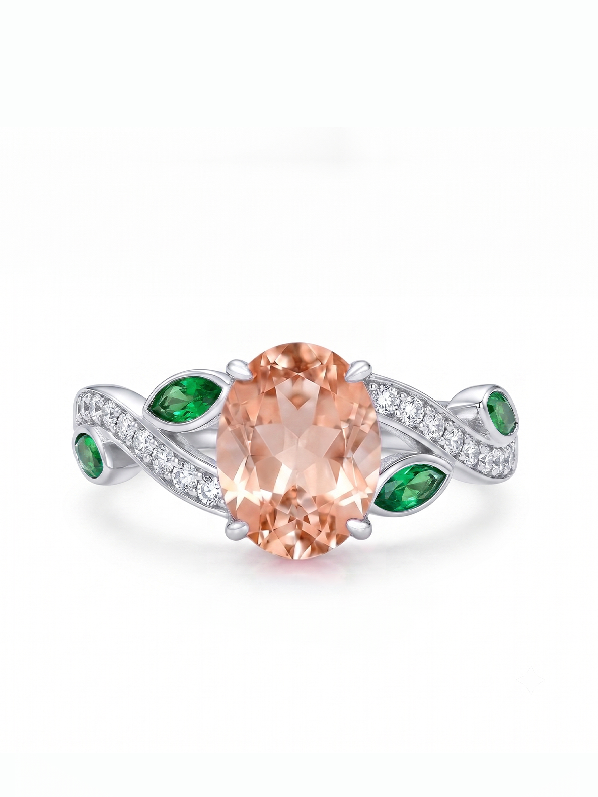 Oval Gemstone Emerald Leaf Ring - Champagne Morganite
