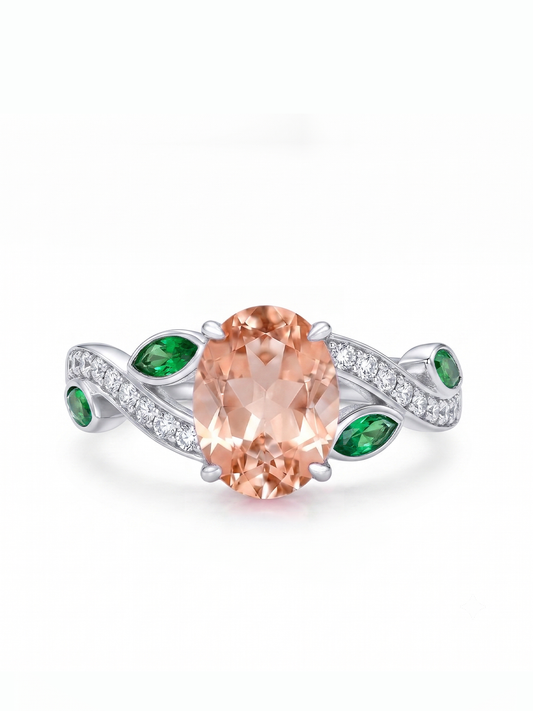 Oval Gemstone Emerald Leaf Ring - Champagne Morganite