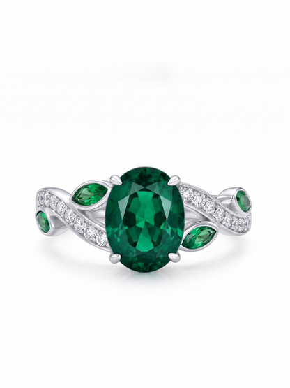 Oval Gemstone Emerald Leaf Ring - Emerald Green