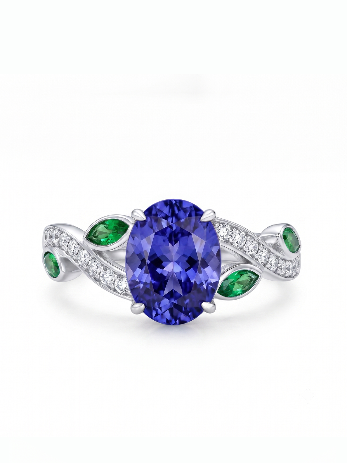 Oval Gemstone Emerald Leaf Ring - Purple Tanzanite