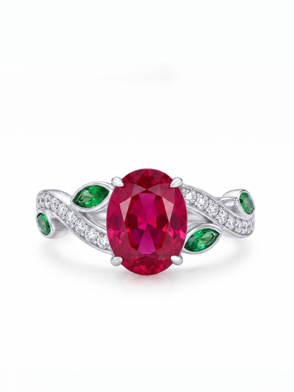 Oval Gemstone Emerald Leaf Ring - Red Ruby
