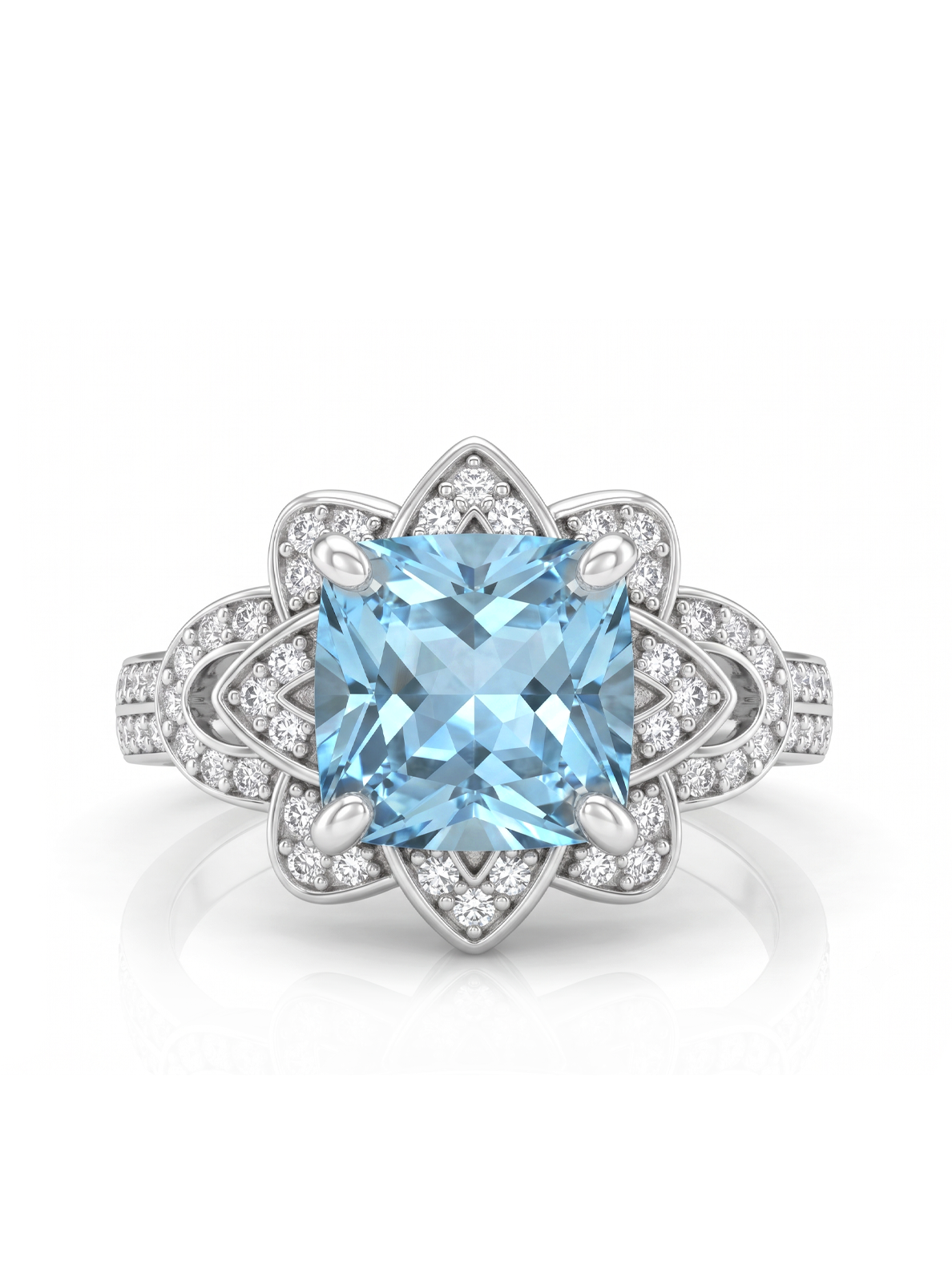 Princess Cut Floral Halo Ring - Aquamarine Blue