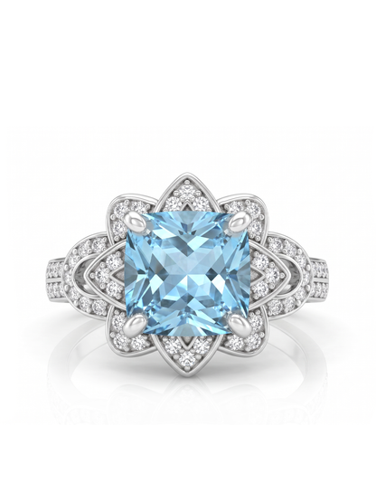 Princess Cut Floral Halo Ring - Aquamarine Blue
