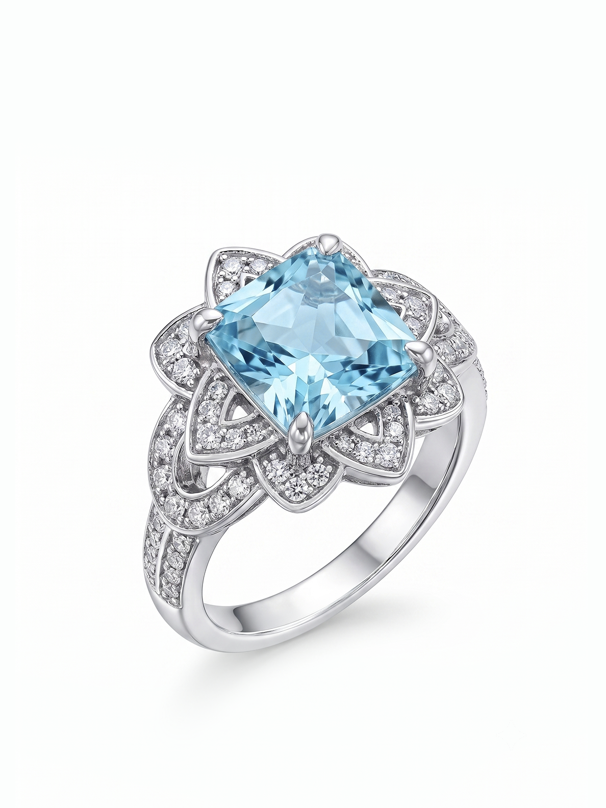 Princess Cut Floral Halo Ring - Aquamarine Blue