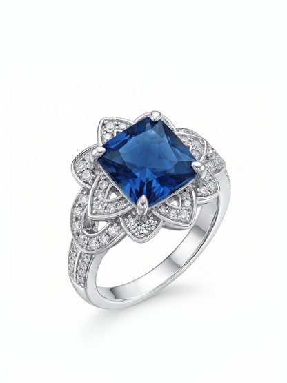 Princess Cut Floral Halo Ring - Blue Sapphire
