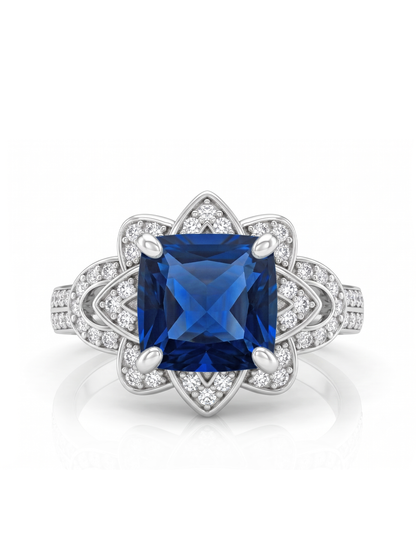 Princess Cut Floral Halo Ring - Blue Sapphire