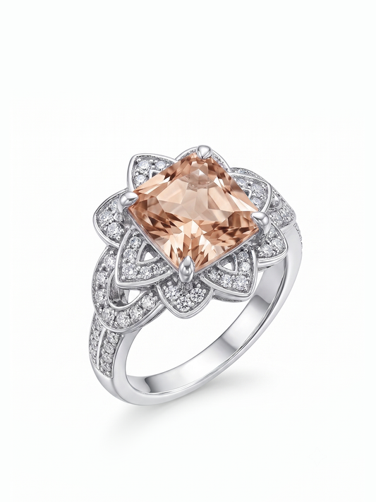 Princess Cut Floral Halo Ring - Champagne Morganite
