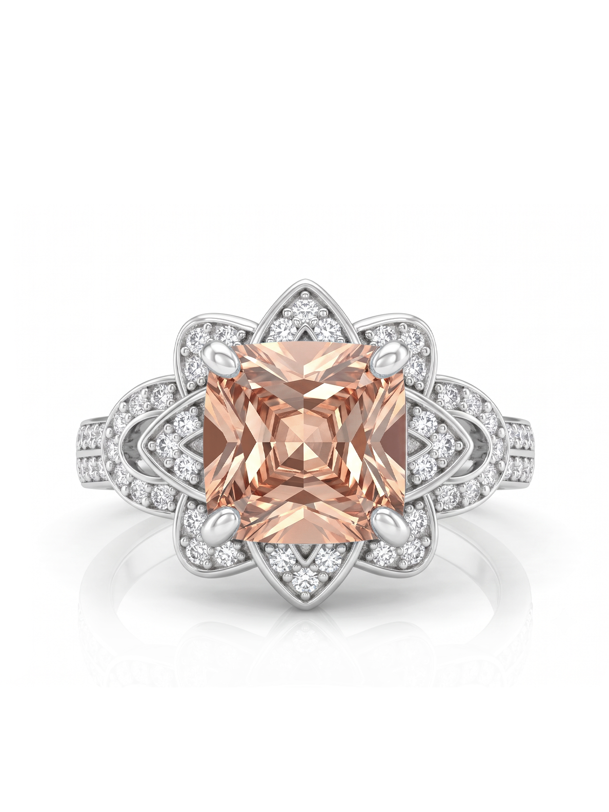 Princess Cut Floral Halo Ring - Champagne Morganite