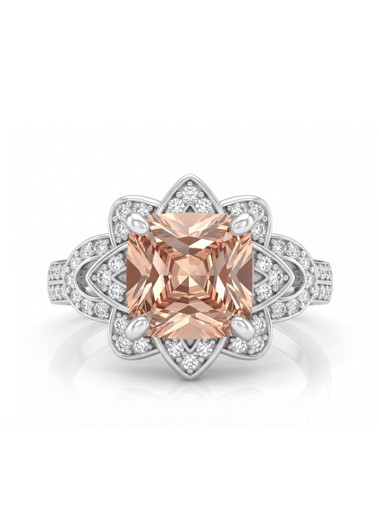 Princess Cut Floral Halo Ring - Champagne Morganite