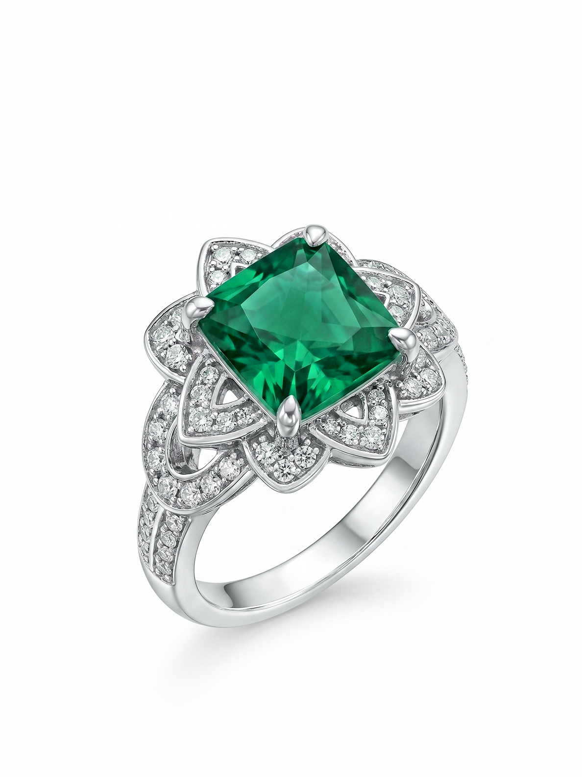 Princess Cut Floral Halo Ring - Emerald Green