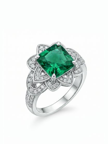 Princess Cut Floral Halo Ring - Emerald Green