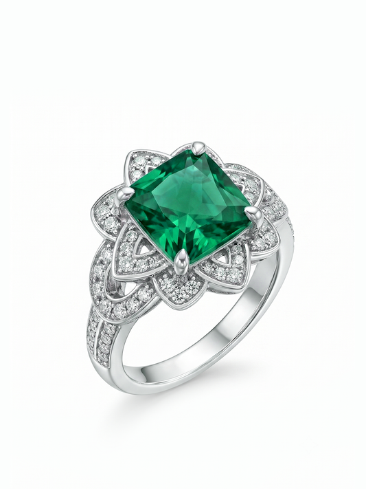 Princess Cut Floral Halo Ring - Emerald Green