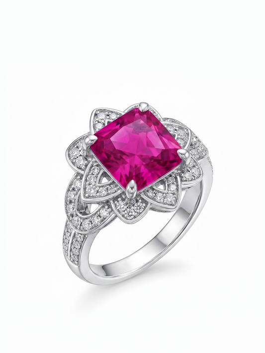 Princess Cut Floral Halo Ring - Pink Topaz