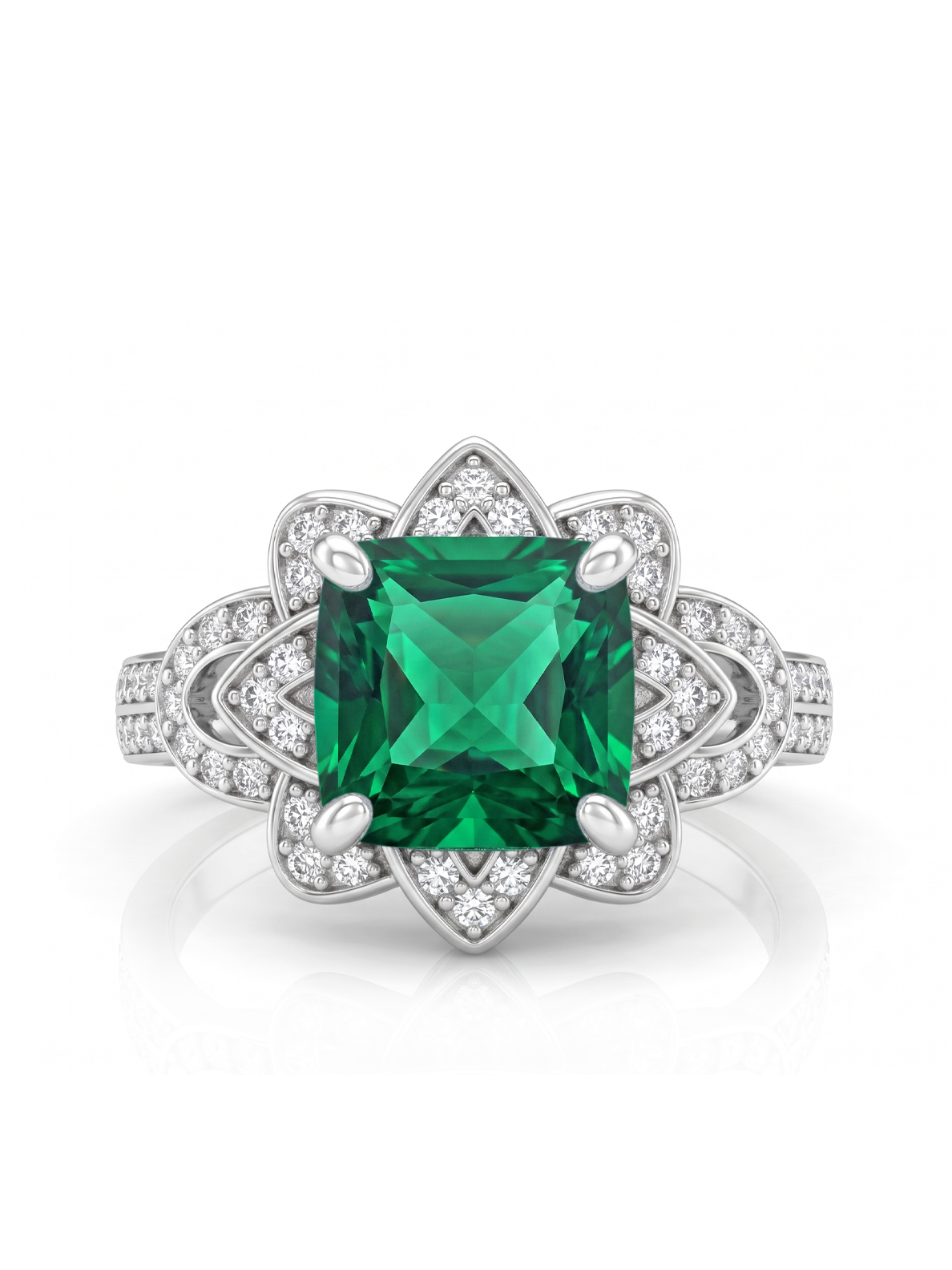 Princess Cut Floral Halo Ring - Emerald Green