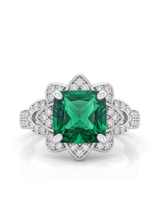 Princess Cut Floral Halo Ring - Emerald Green