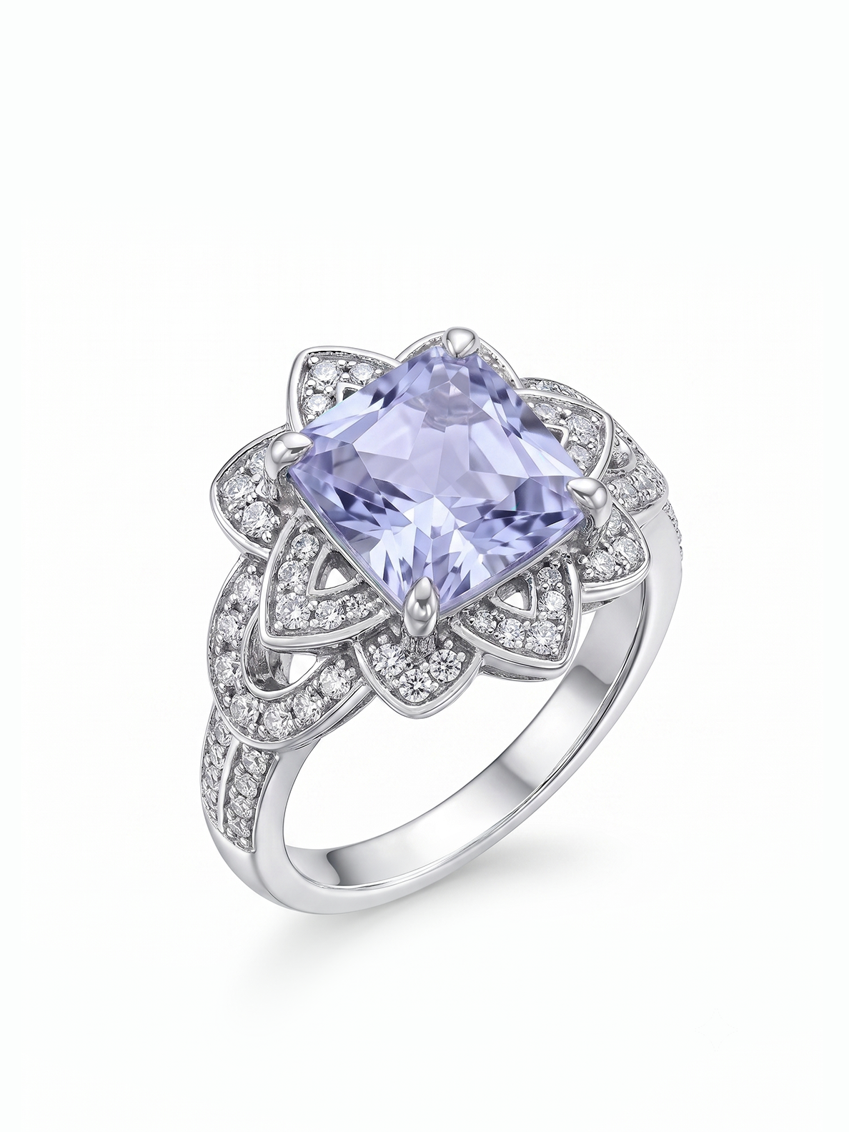 Princess Cut Floral Halo Ring - Lavender Amethyst