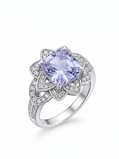 Princess Cut Floral Halo Ring - Lavender Amethyst