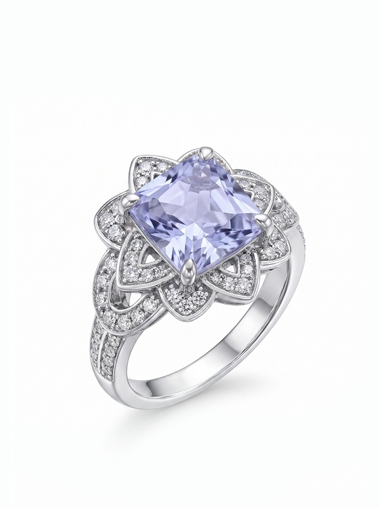 Princess Cut Floral Halo Ring - Lavender Amethyst